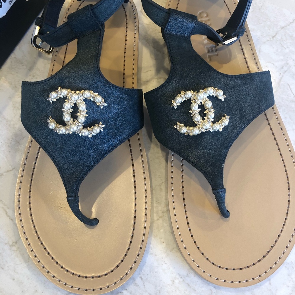 Chanel Sandals Navy Slate Pearl CC 40.5 C 9.5
